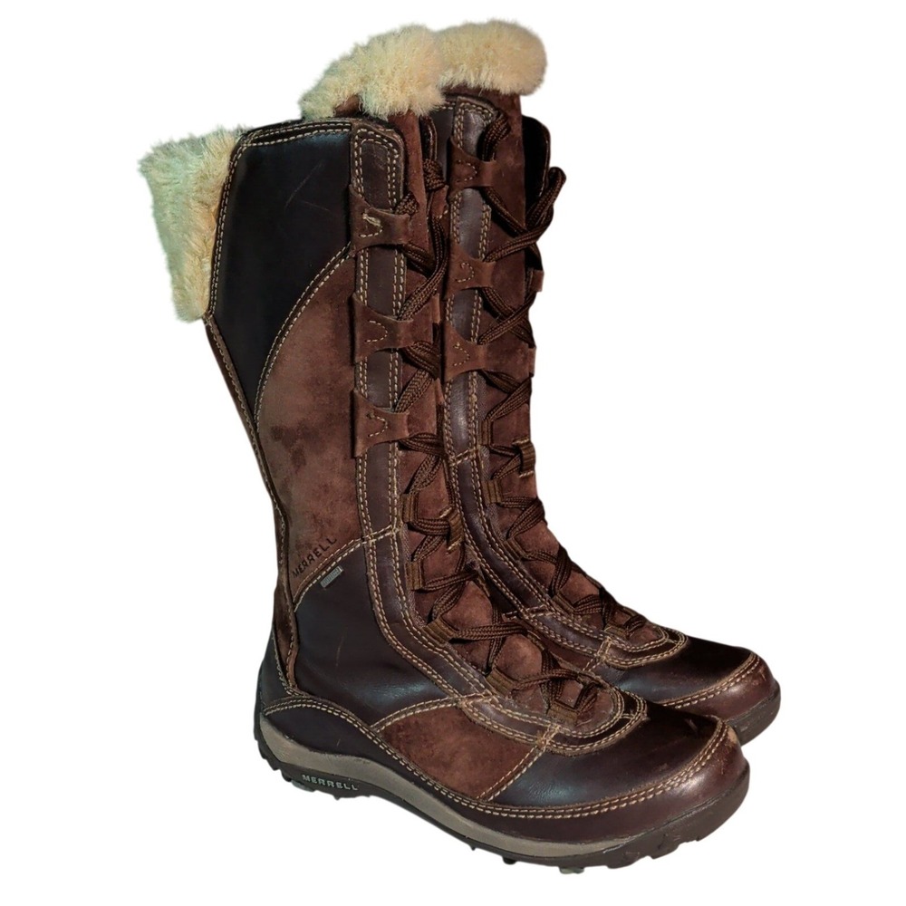 Merrell Prevoz Tall Boots Womens Size 6 Brown Leather Waterproof Faux Fur Winter